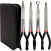 A set of three silver needle nose pliers with black handles and angled tips.