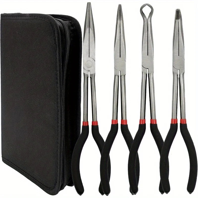A set of three silver needle nose pliers with black handles and angled tips.
