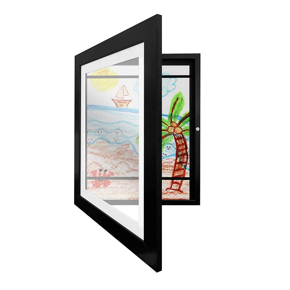 A black magnetic front photo display frame with a glass panel showing an artistic scene.
