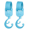 A pair of light blue rotating stroller hooks designed for hanging bags and essentials.