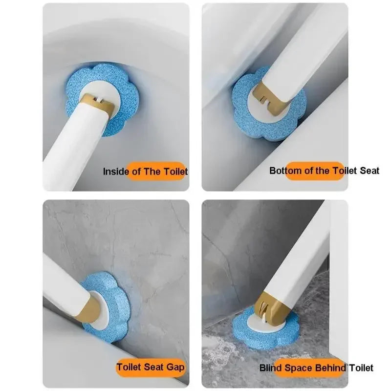 Four views of a disposable toilet cleaning brush with replaceable heads showing its use inside and around a toilet.