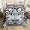A duvet cover set featuring a realistic black and white tiger print with blue eyes.