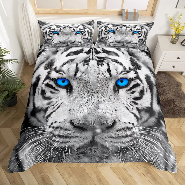 A duvet cover set featuring a realistic black and white tiger print with blue eyes.