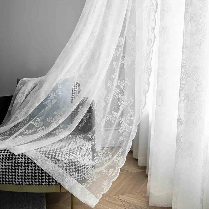 French Lace Sheer Curtains - White Tulle Voile Drapes for Bedroom & Living Room