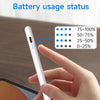 A hand holds a white stylus pen over a screen, displaying battery usage status indicators.