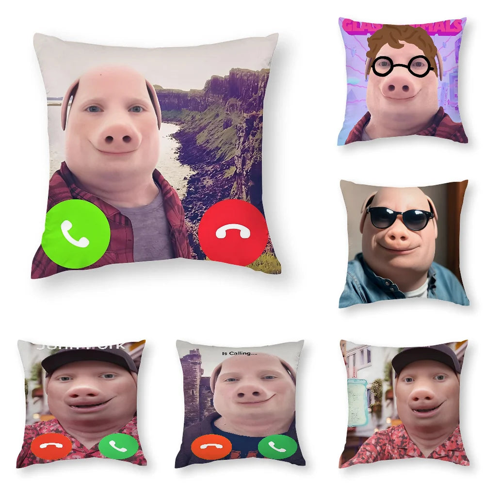 A novelty throw pillow featuring a cartoon pig face with a phone call icon.