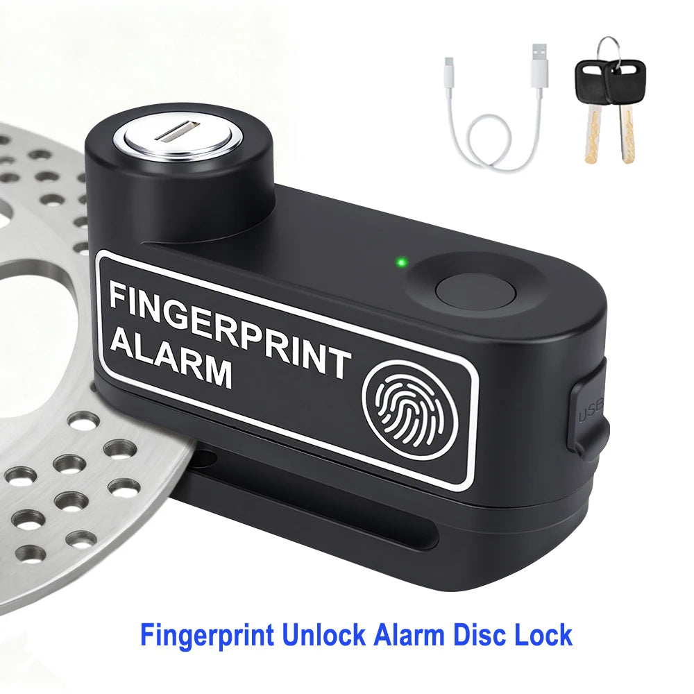 A black fingerprint alarm disc lock device shown next to its components and a metal disc.