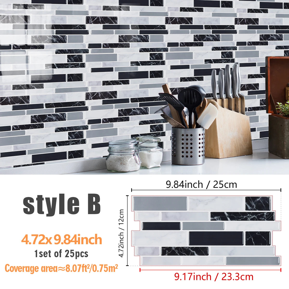 A display of black and white marble texture PVC tiles used as a backsplash or kitchen wall covering.