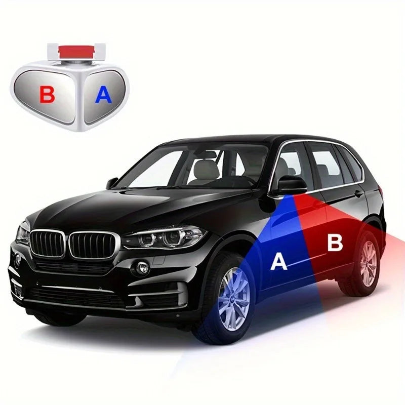 A black SUV with red laser lines indicating blind spot coverage, next to a mirror component labeled A and B.