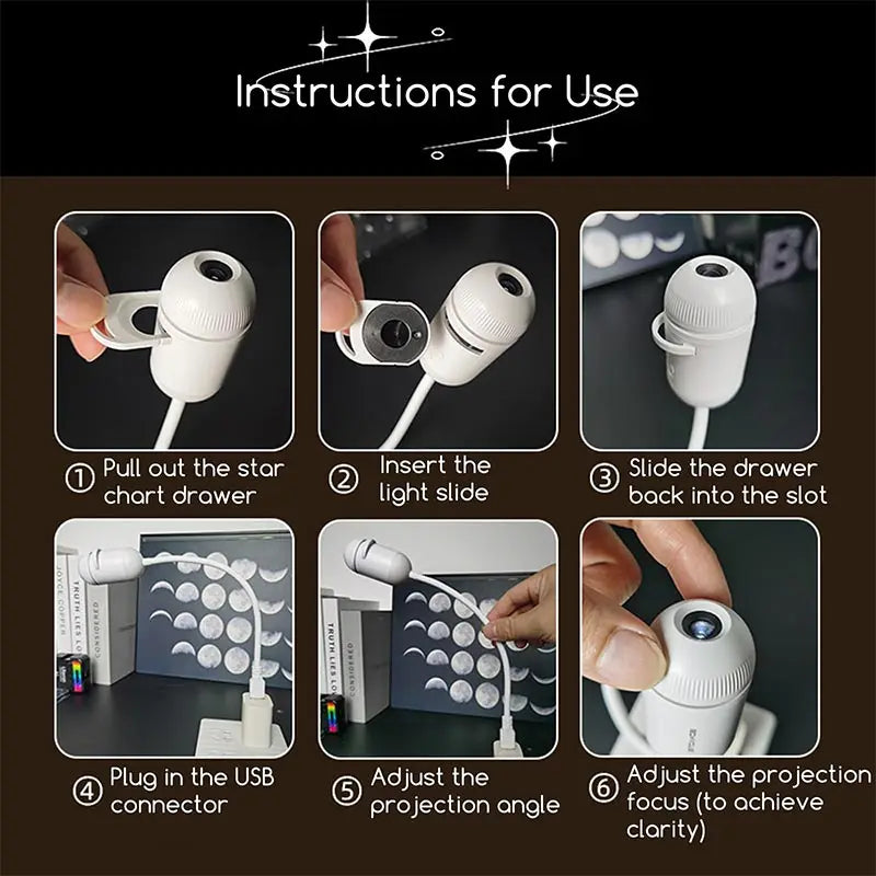 Instructions for use showing steps to set up and adjust a mini projector night light
