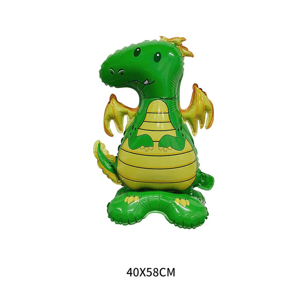 A green dinosaur foil balloon with yellow accents, suitable for jungle-themed parties.