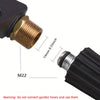 Close-up view of a brass fitting and black nozzle connector for a high pressure washer gun.