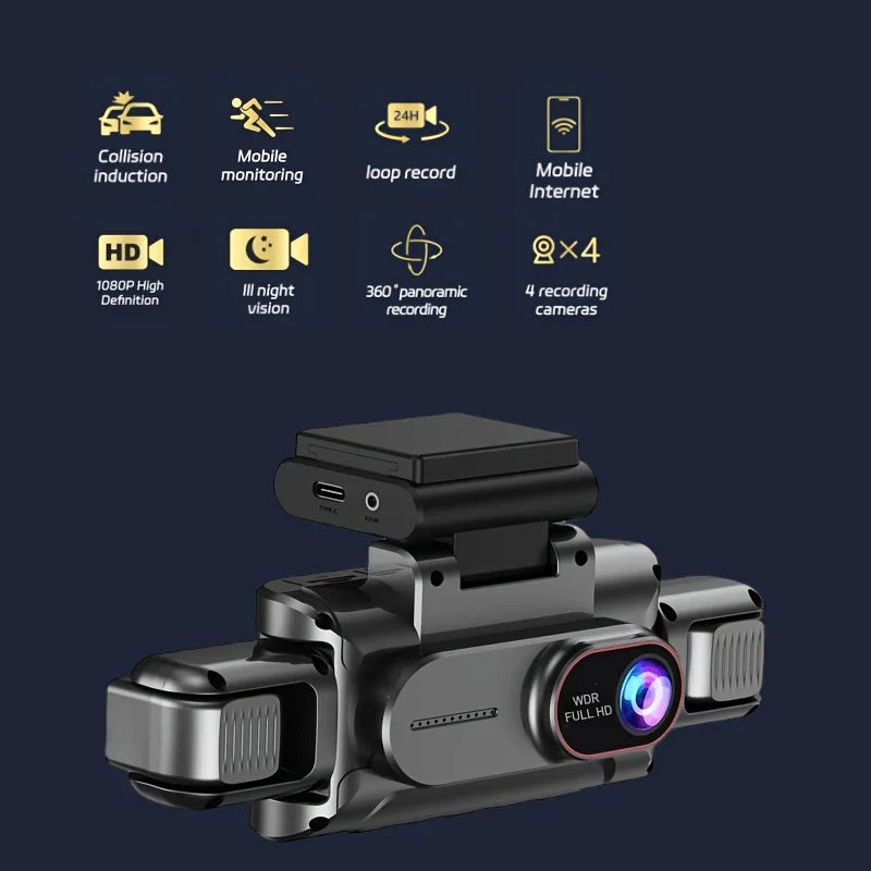 A black dash cam device is shown with various features listed, including collision induction, mobile monitoring, loop record,
