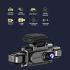 A black dash cam device is shown with various features listed, including collision induction, mobile monitoring, loop record,