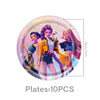 A set of 10 pink plates featuring K-Pop themed characters in vibrant outfits