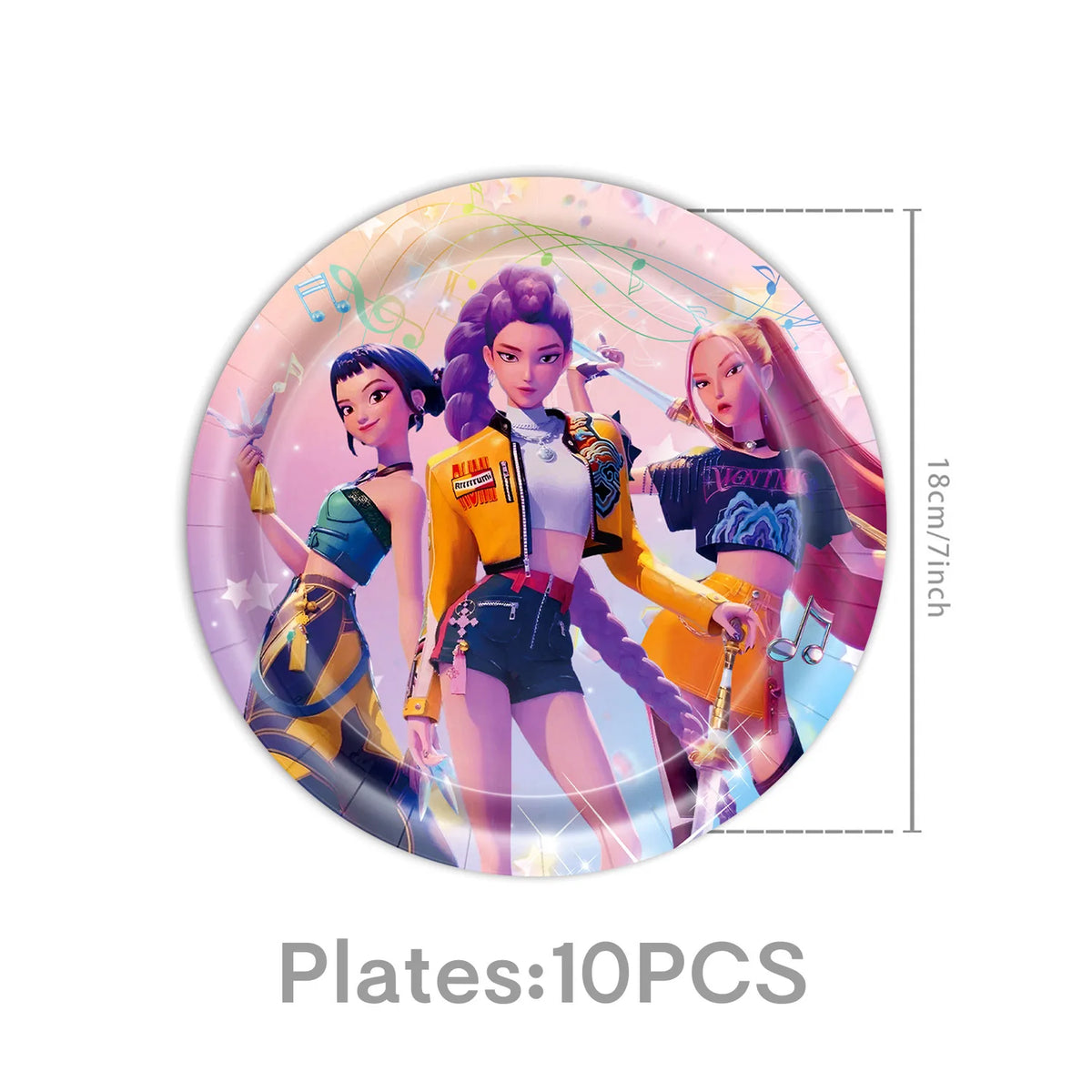 A set of 10 pink plates featuring K-Pop themed characters in vibrant outfits