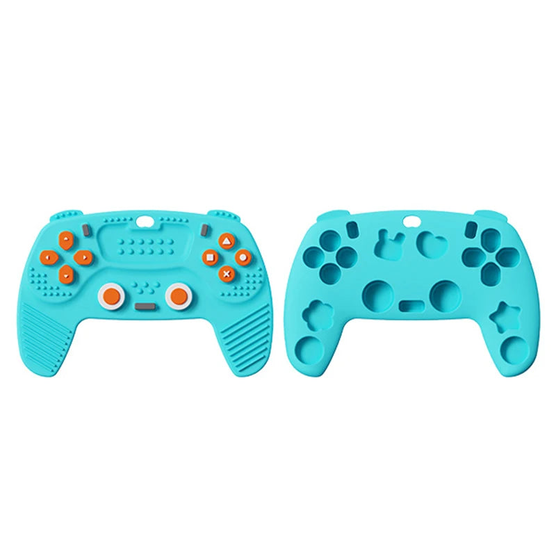 A pair of light blue silicone baby teether remote control toys, one with buttons and another with holes.