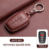 Brown genuine leather car key case cover with a square ring and matching square ring.