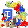 A collection of 115 balloons in various colors and cow print patterns arranged for a farm-themed party arch kit.