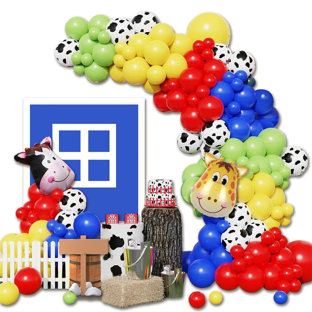 A collection of 115 balloons in various colors and cow print patterns arranged for a farm-themed party arch kit.