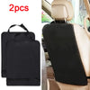 Two black waterproof car seat back kick protectors shown next to a beige car seat interior.