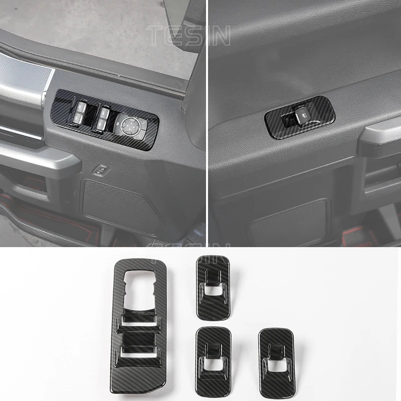 Carbon fiber grain trim cover for center console of a Ford F-150 vehicle.