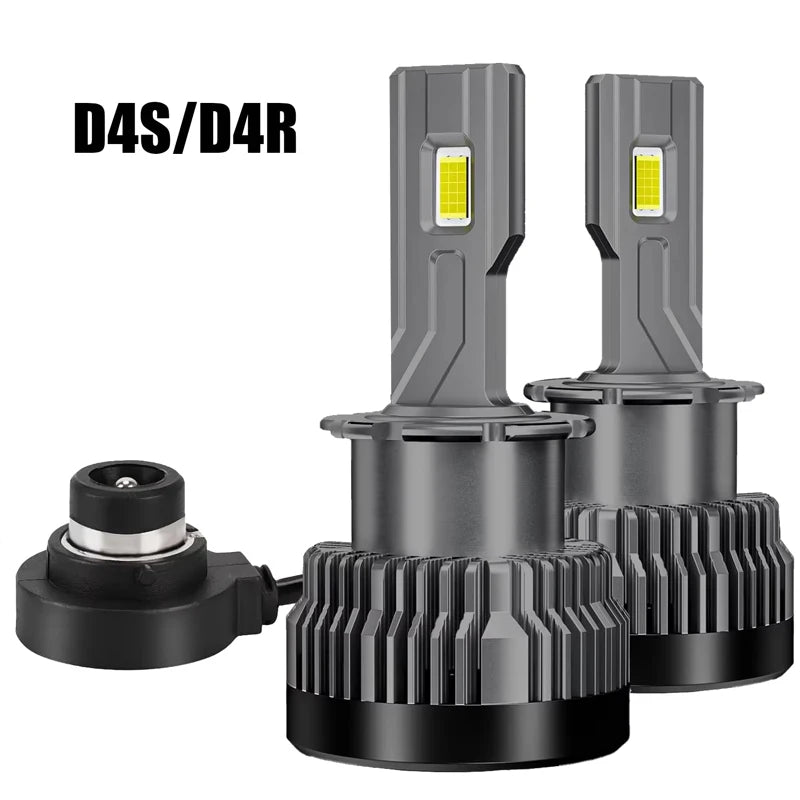 D4S/D4R LED headlight bulbs shown with their base and housing components.