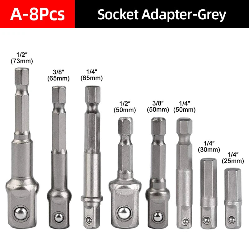Hex Shank Socket Adapter Set for Power Drills (1/4, 3/8, 1/2 Inch)