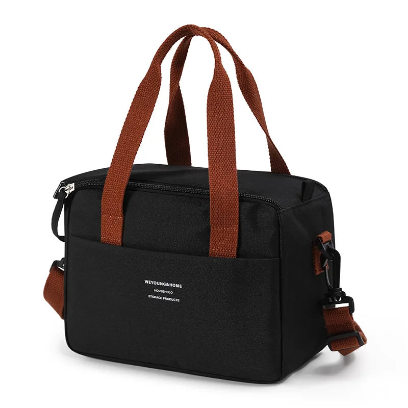 Black thermal lunch tote bag with brown straps and waterproof exterior