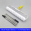 Set of two brush heads, shelves, and 1.1m pull rods for a paint roller system.