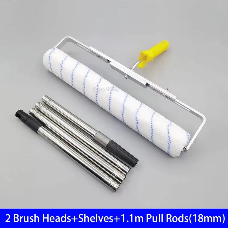 Set of two brush heads, shelves, and 1.1m pull rods for a paint roller system.