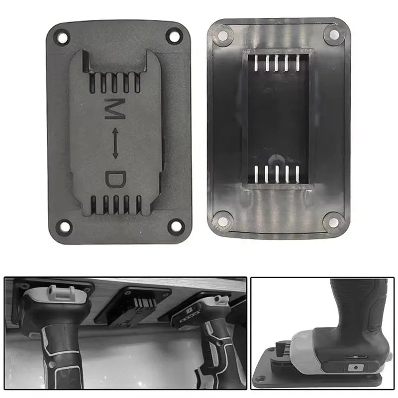 Two views of a wall-mounted battery tool holder for Dewalt and Milwaukee tools.