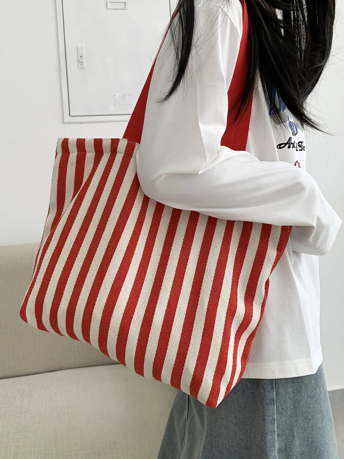 Striped Canvas Shoulder Tote Bag