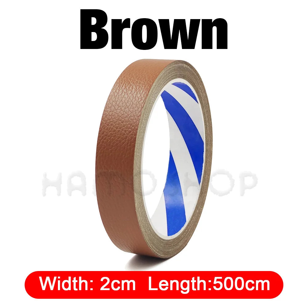 Brown self-adhesive PU leather repair patch roll with a blue and white striped pattern
