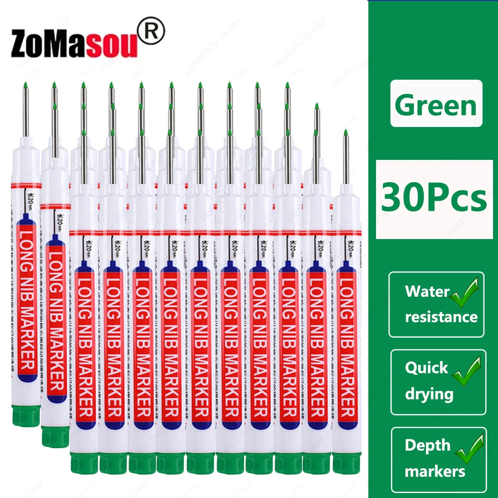A set of green long markers with red and white tips for woodworking and construction
