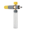 A yellow and gray heavy-duty foam sprayer with a clear glass bottle and interchangeable nozzles.