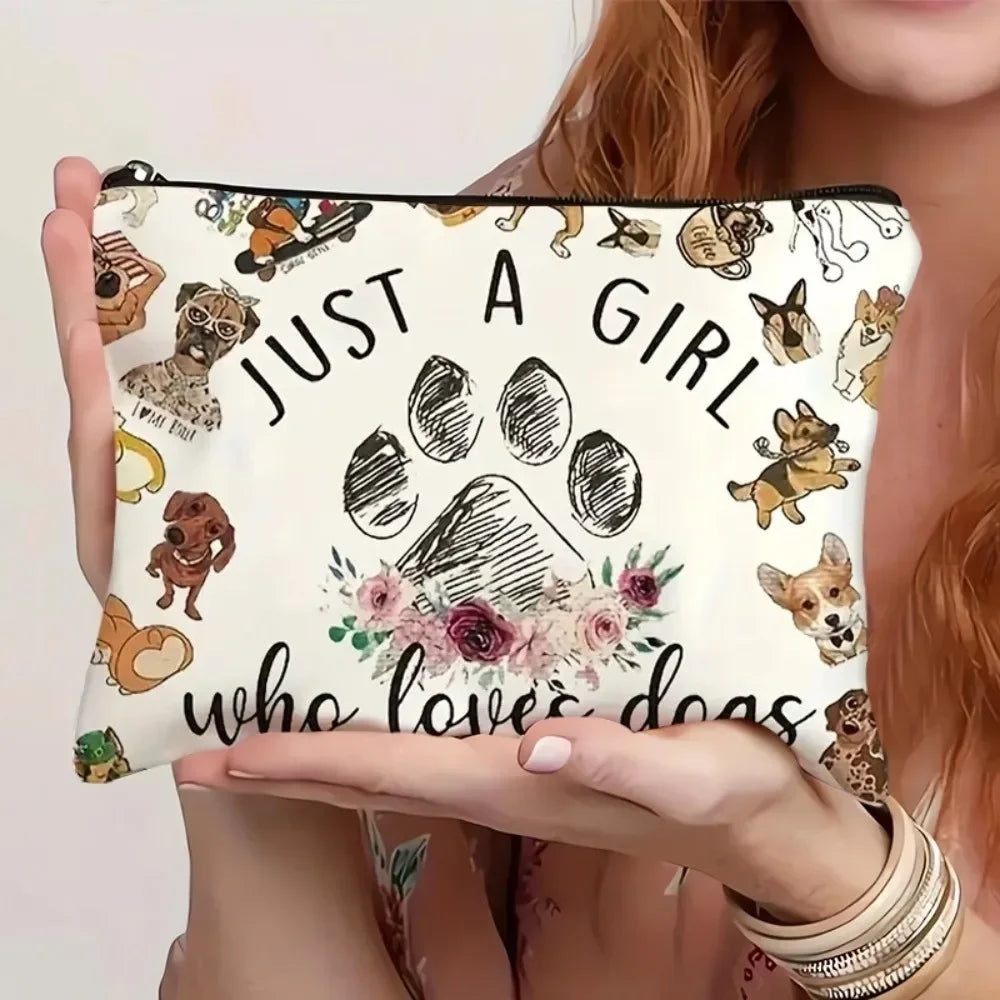A canvas charger storage pouch featuring illustrations of various cats and a girl theme.