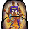 A backpack featuring a painting of a basketball player, likely a sports theme.