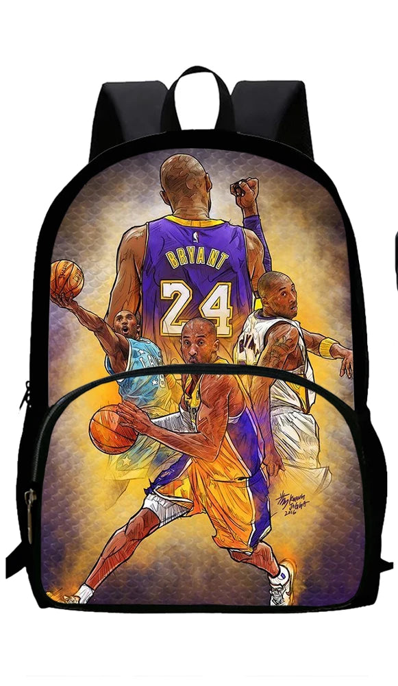 A backpack featuring a painting of a basketball player, likely a sports theme.