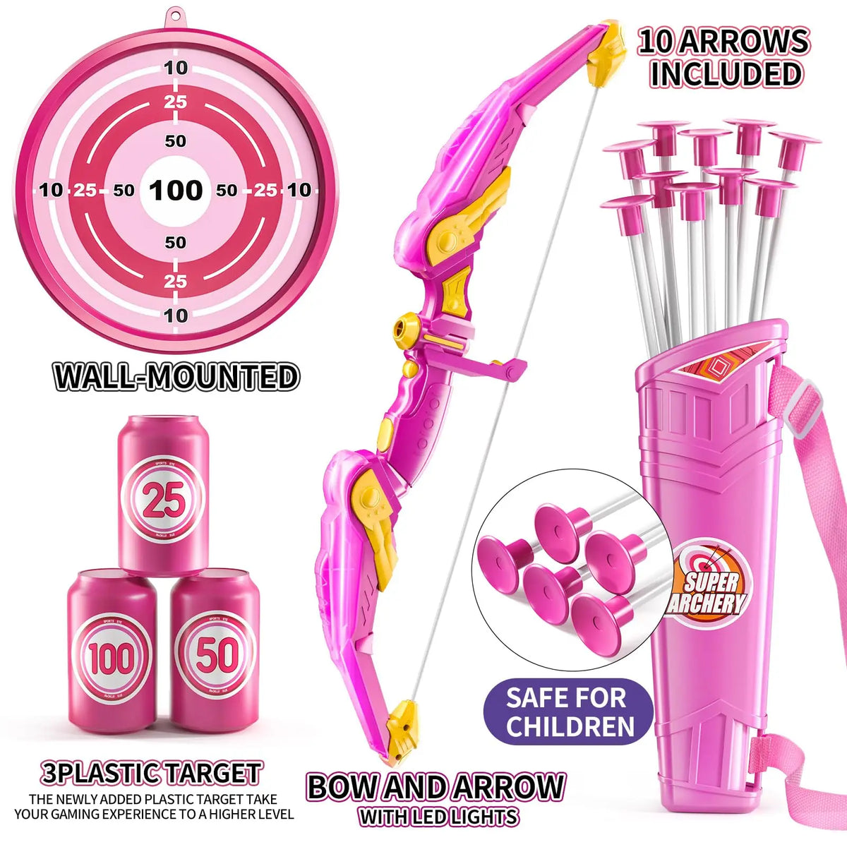 Pink plastic bow and arrow set with LED lights and a plastic target for kids