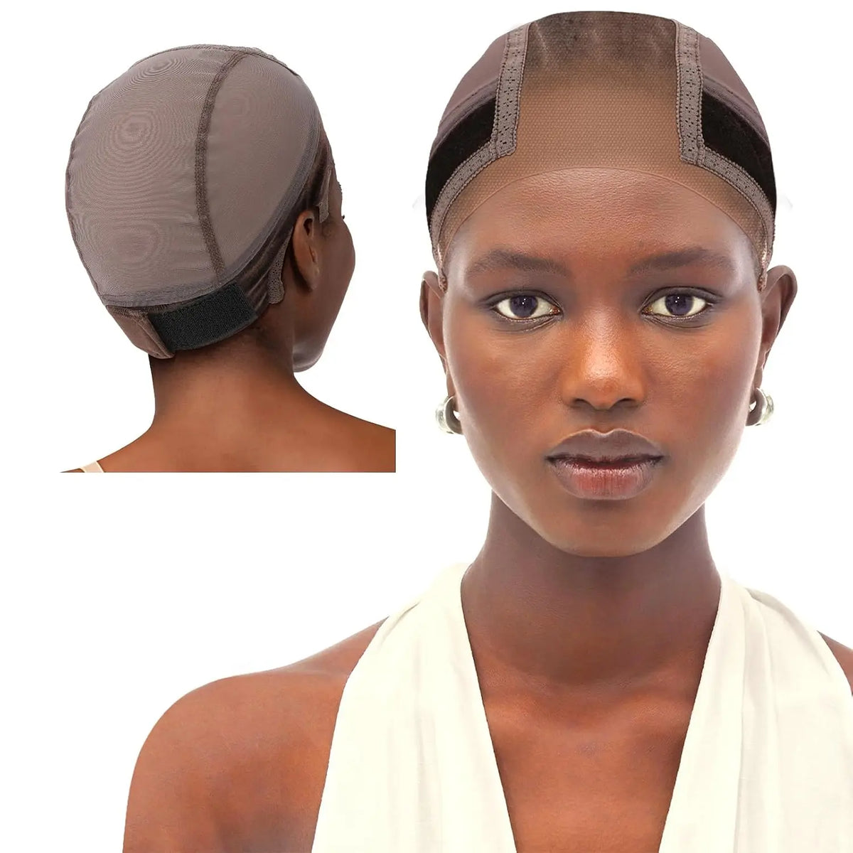A close-up of a woman wearing a brown lace wig grip cap on her head.