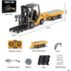 A yellow 1:64 scale remote control forklift with a trailer and various accessories shown on a white background.