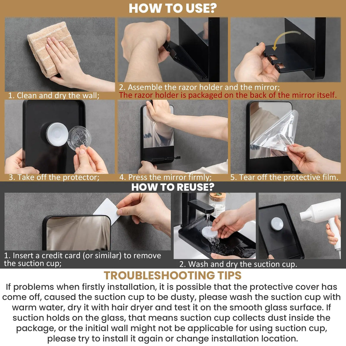 Instructions for using a fogless shower mirror with a razor holder and suction cup