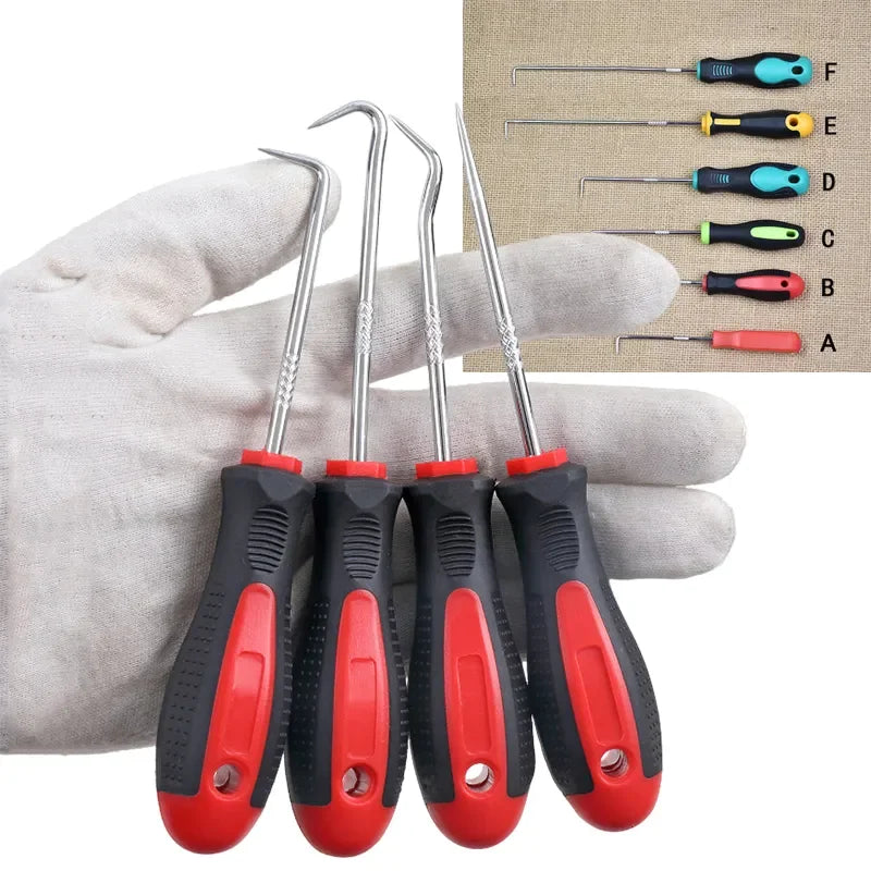 A hand holds a 4-piece automotive pick and hook set with various sized tools labeled A through F.