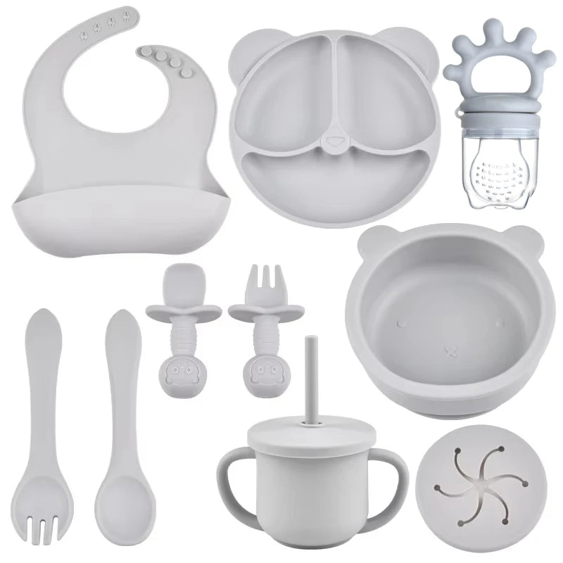 Complete Silicone Baby Feeding Set with Suction Bowl, Plate, Utensils & Bib