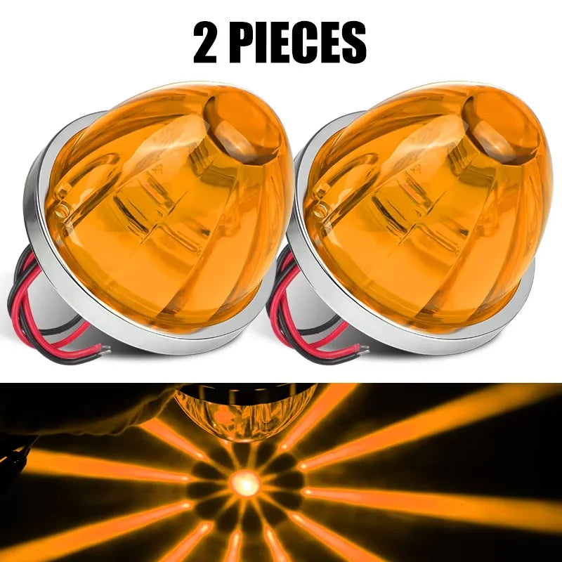 Two waterproof LED side marker lights shown, with a close-up of the light beam pattern.