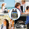 A transparent waterproof shoulder bag with a zipper is shown in various contexts including beach, school, travel, and securit