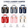 A set of two extra large foldable laundry hampers in various colors including black, grey, navy blue, red, pink, and white.