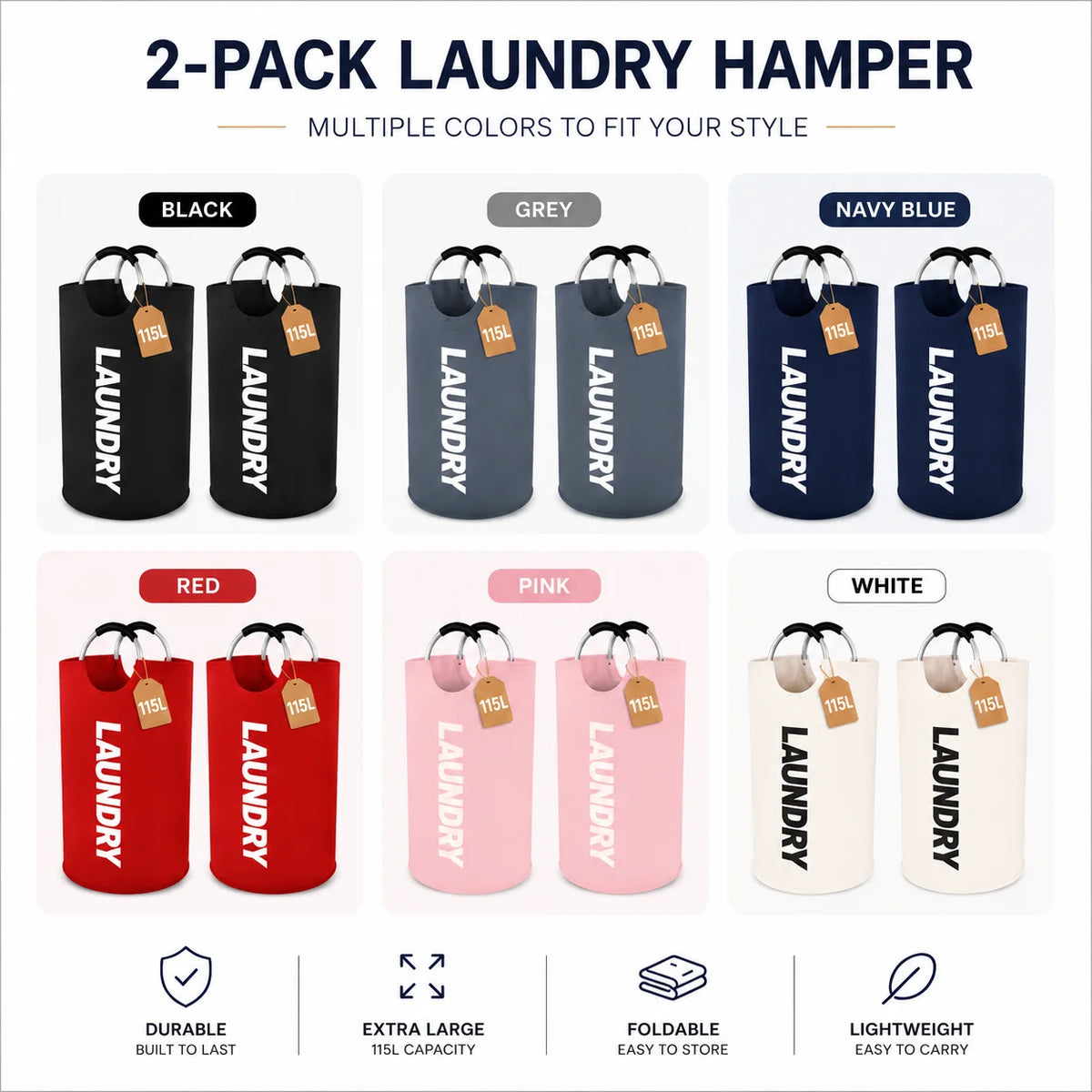 A set of two extra large foldable laundry hampers in various colors including black, grey, navy blue, red, pink, and white.