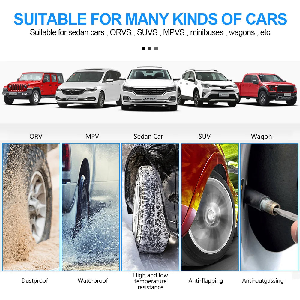 A set of tire pressure monitoring sensors and related components for various cars, demonstrating features like dustproof, wat